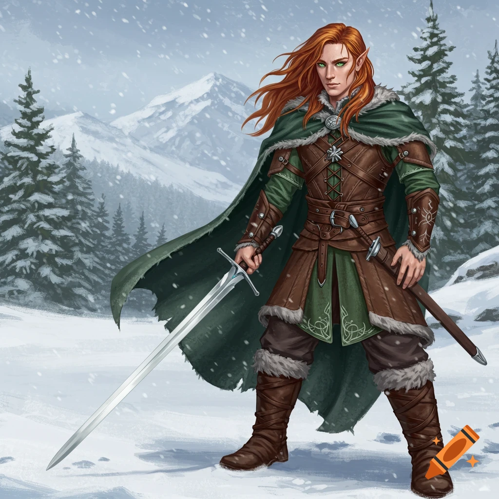 An elf with red hair and green eyes stands in the snow, holding a sword.