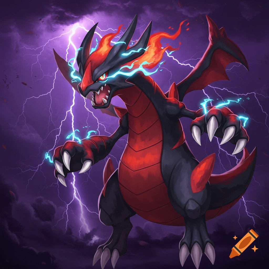A black and red dragon with fire and lightning in a storm.