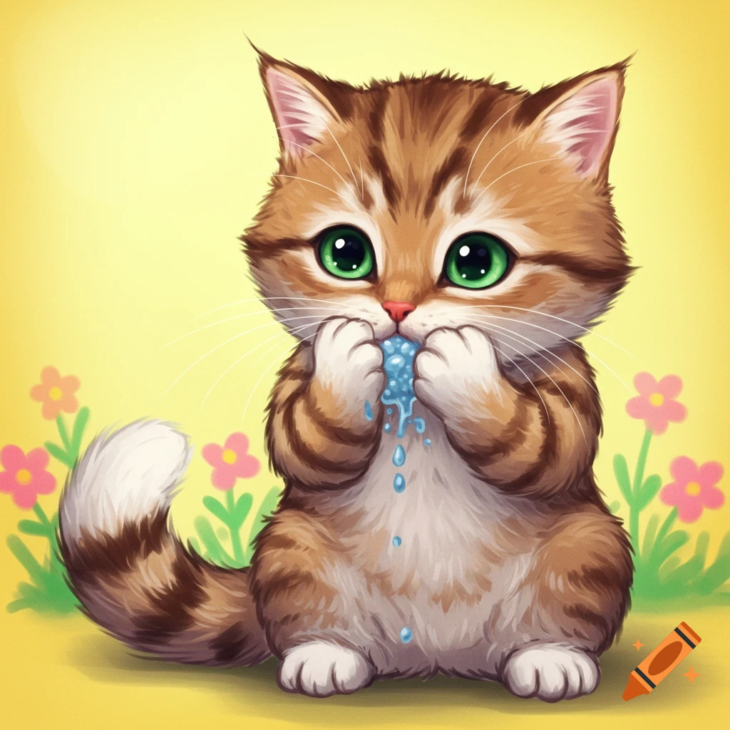 Picture of a cute tabby kitten with green eyes covering its mouth, with blue liquid dripping. Pink flowers in background.
