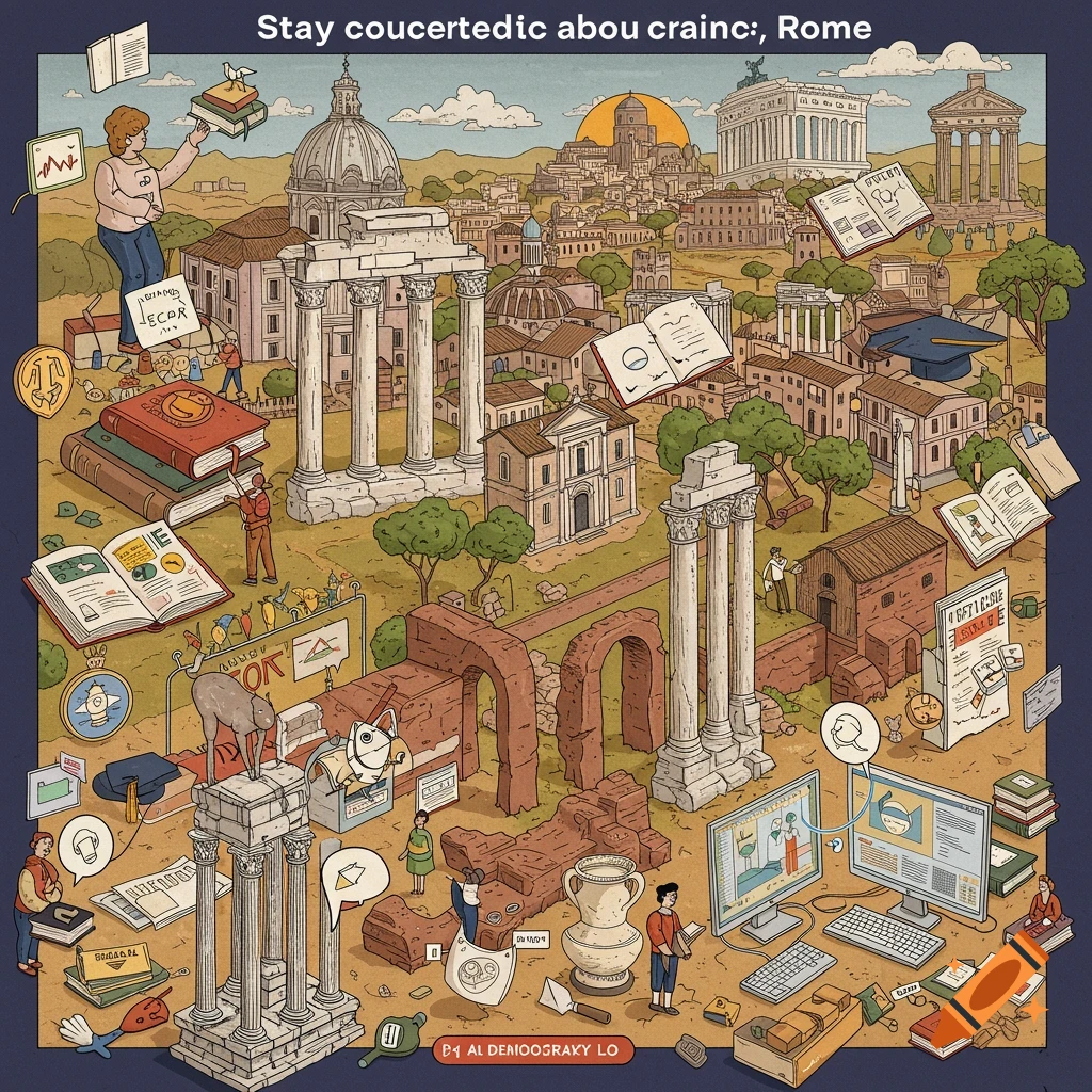 Illustration of Rome with historical buildings, people studying and using computers, surrounded by books.