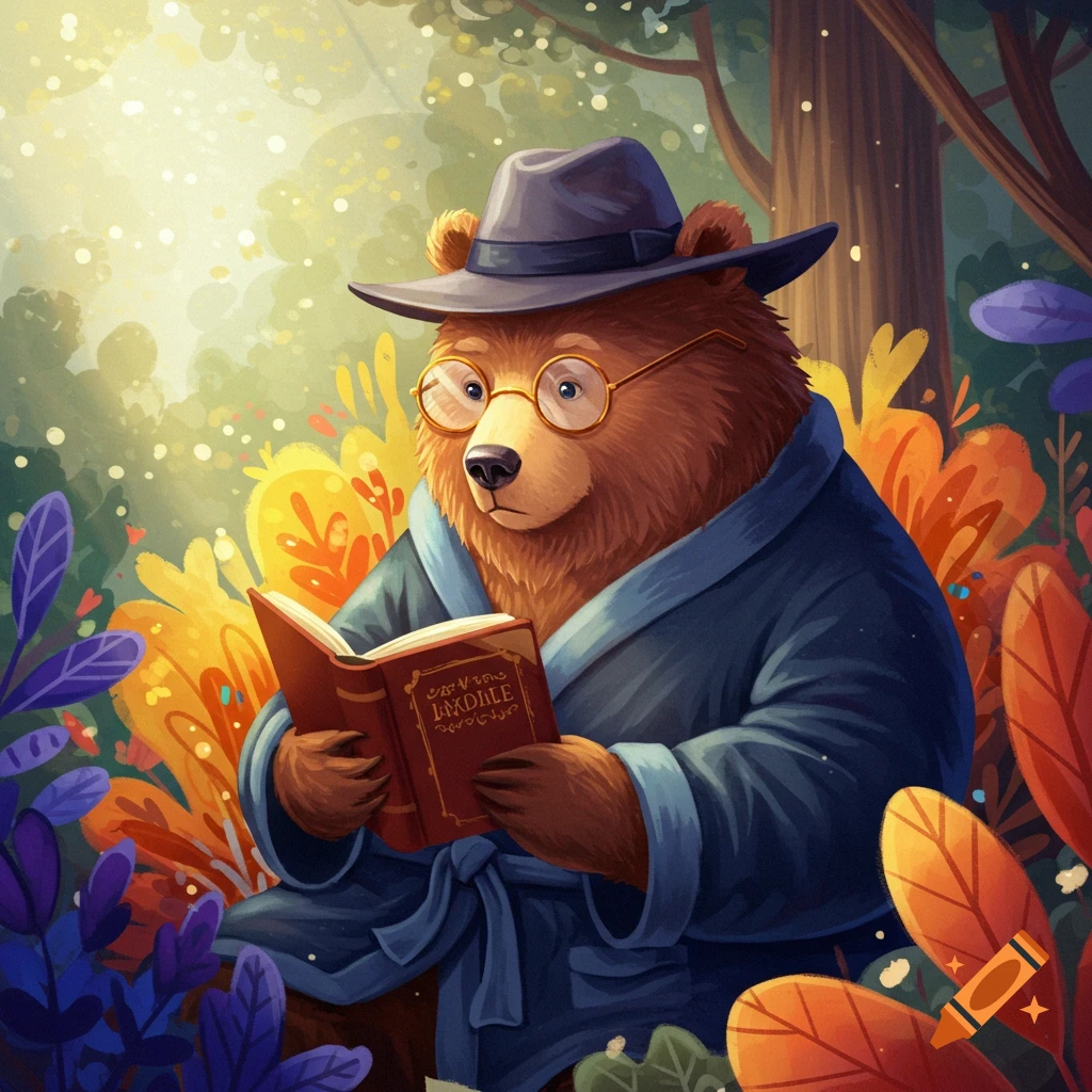 A cartoon bear wearing a hat, glasses, and robe reads a book in a forest.