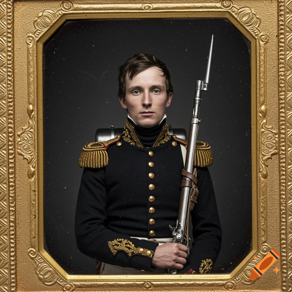 A daguerreotype portrait of a young Napoleonic soldier in uniform holding a musket.