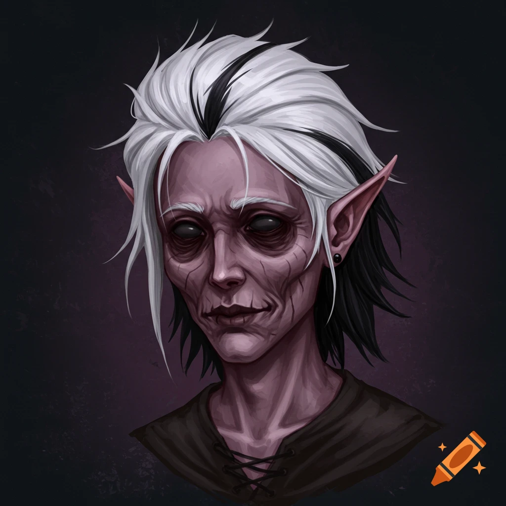 Portrait of a gaunt fantasy character with pointed ears, white and black hair, wrinkled skin, and dark eyes.