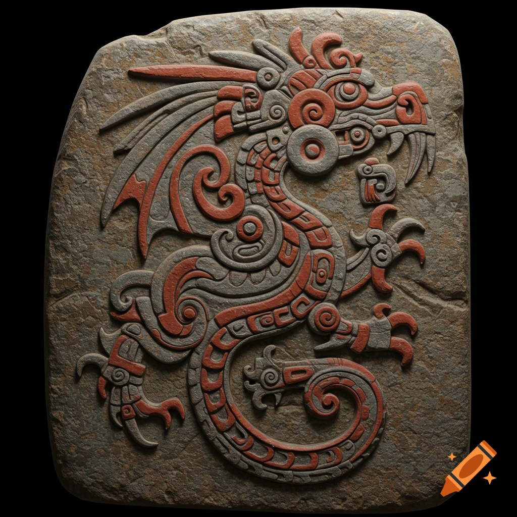 Mesoamerican-style dragon carved on stone with red and grey patterns.