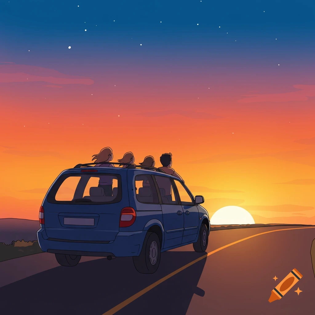 Stylized drawing of a family in a car driving down a road towards a sunset.