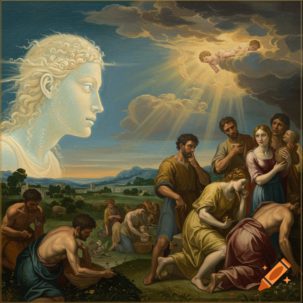 Renaissance painting of figures reacting to a large face and cherubs in the sky, with agricultural workers in a landscape.