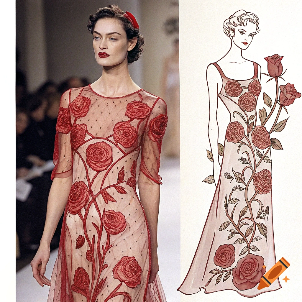 Runway photo of a model in a sheer red rose dress next to a fashion illustration of the dress.