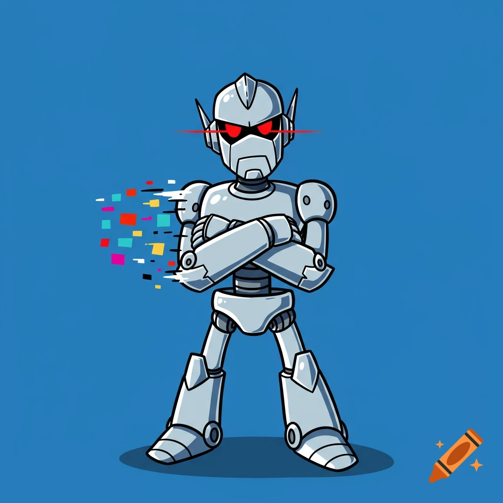 A silver robot with crossed arms stands against a blue background, glitching into colorful pixels. Cartoon style.