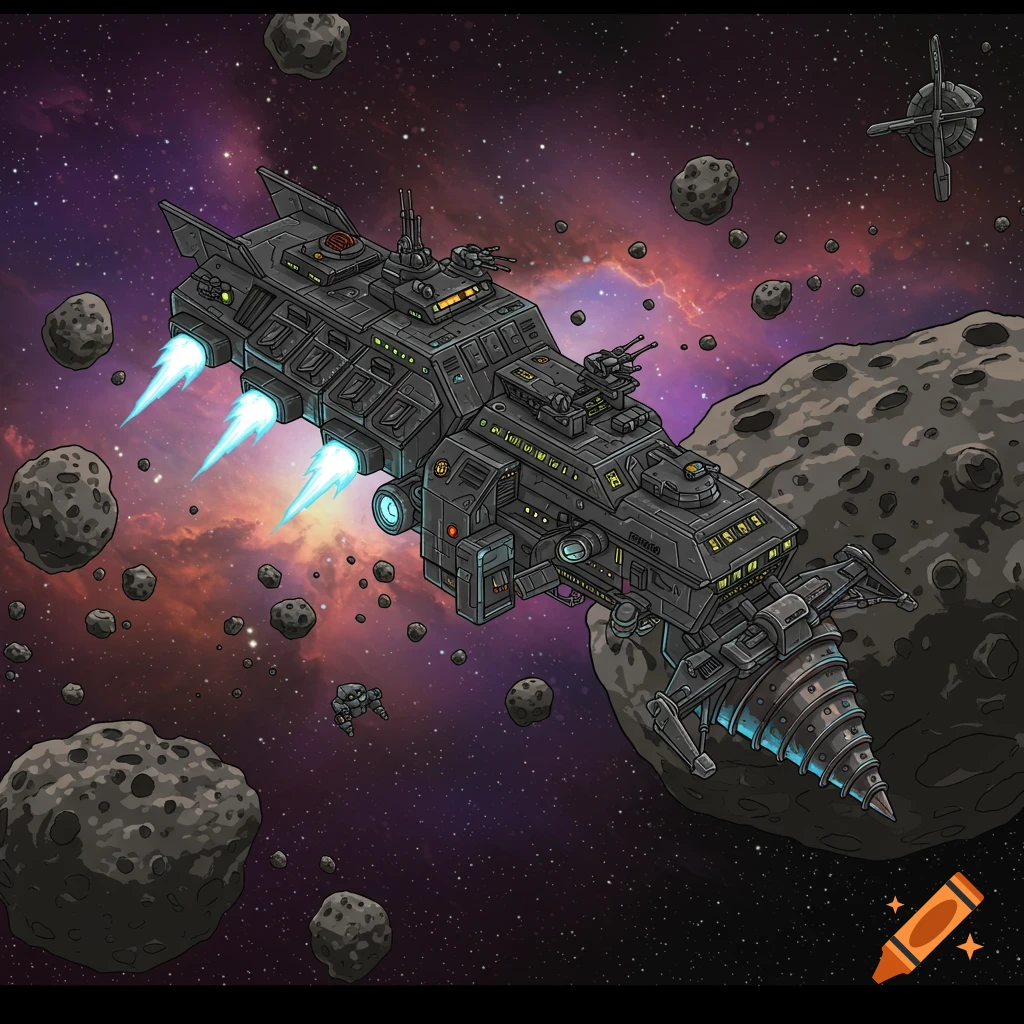 Illustration of a spaceship with a large drill mining asteroids in space.