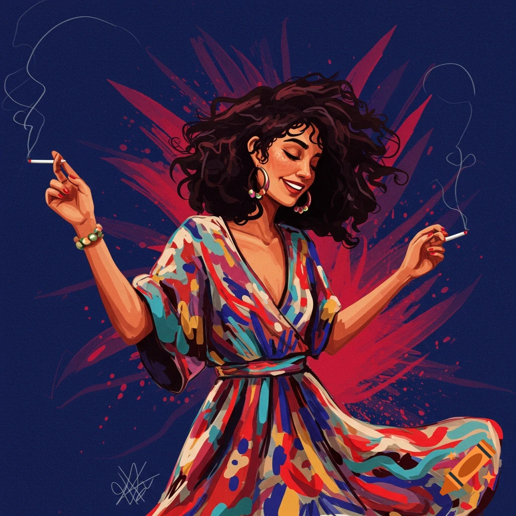 A woman in a colorful dress is dancing and holding two cigarettes.