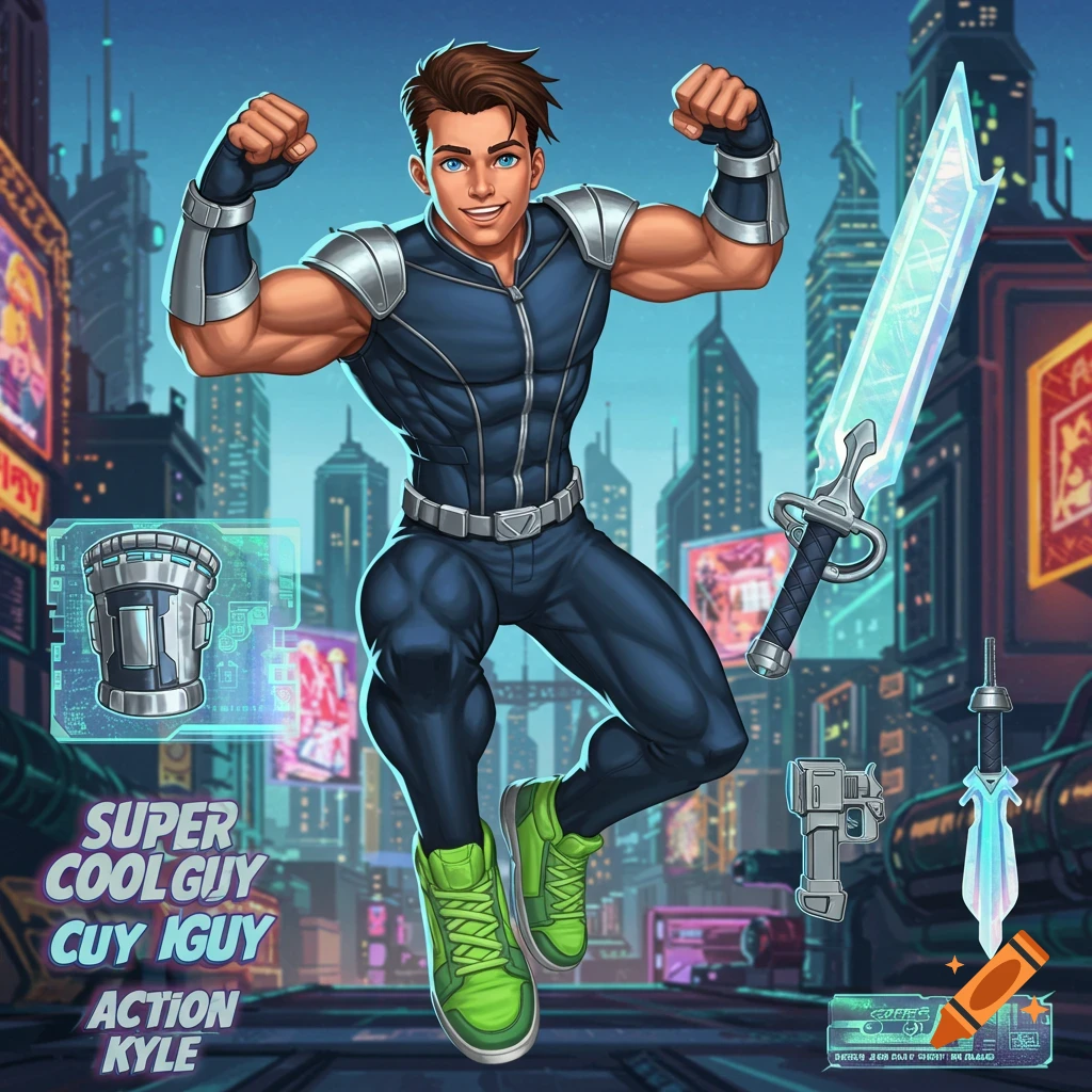 A muscular man in a blue superhero suit flexing in a futuristic city, with weapons and text labels.