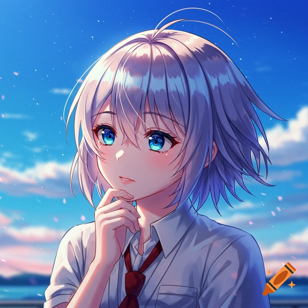 Anime portrait of a person with white hair and blue eyes, wearing a white shirt and red tie, with a thoughtful expression against a bright sky.