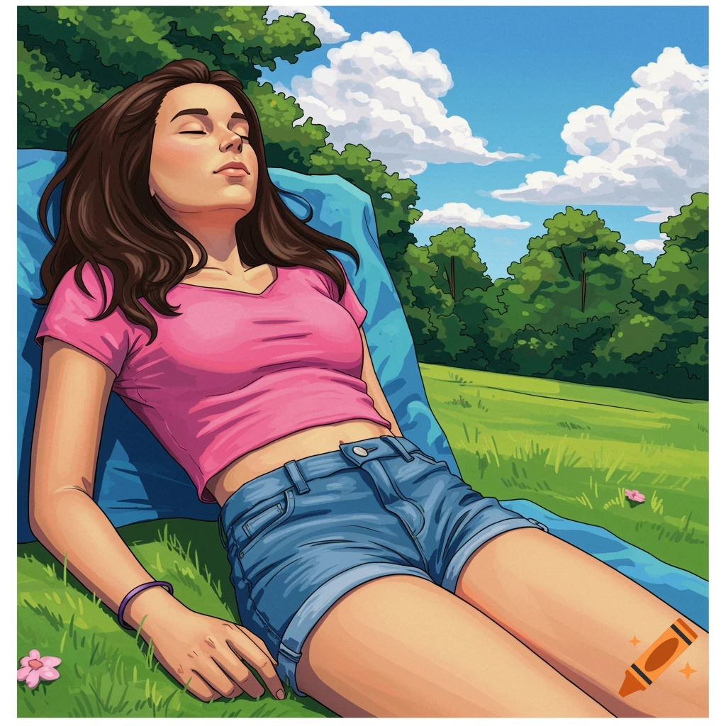 A teenage girl naps on a blue blanket in a grassy park on a sunny summer day, pop art style.