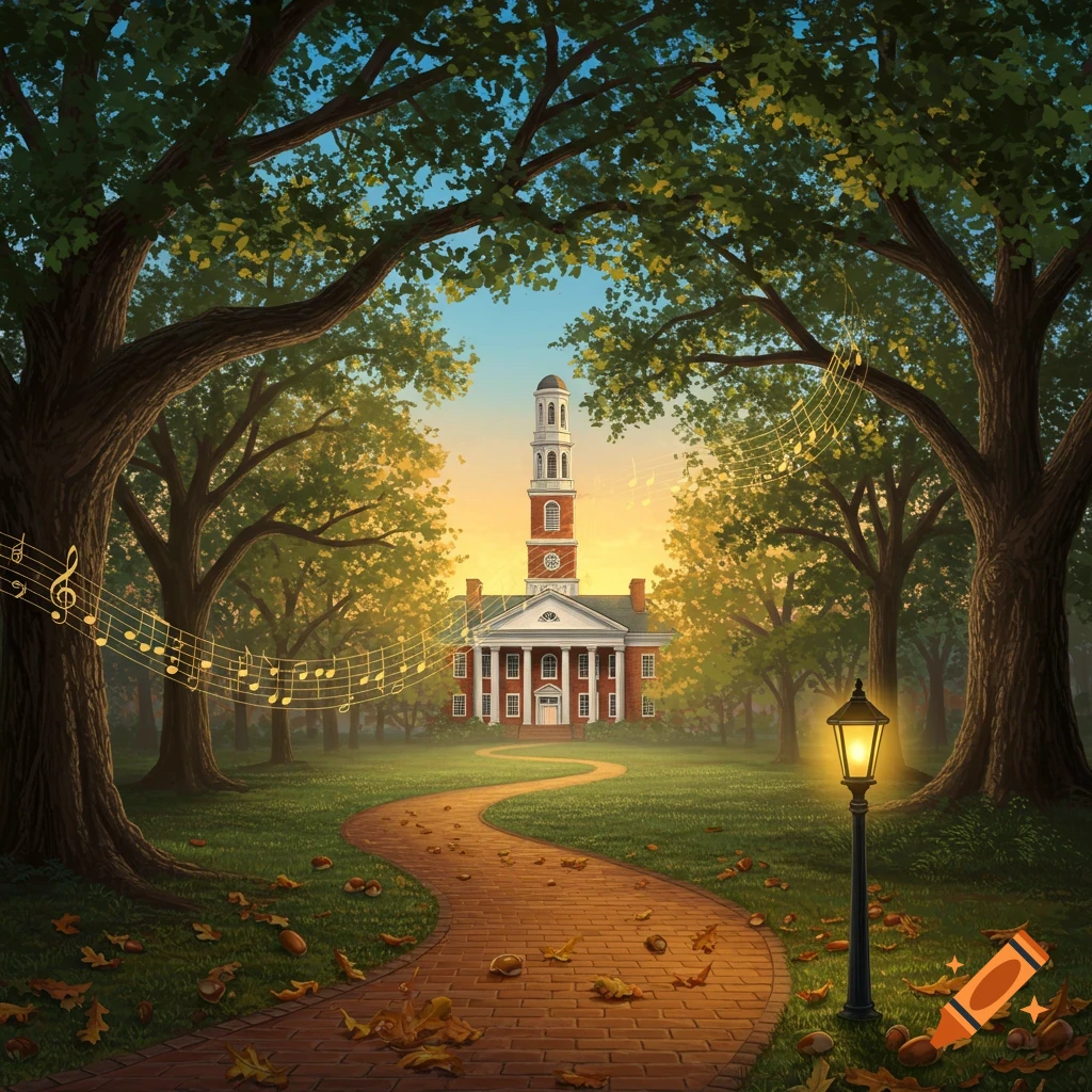 A university campus at sunrise with a winding path, tall trees, a lantern, and floating musical notes.