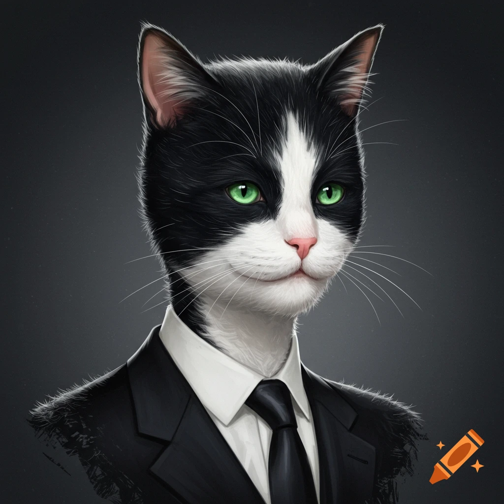 Digital portrait of a black and white cat-human hybrid in a suit and tie.
