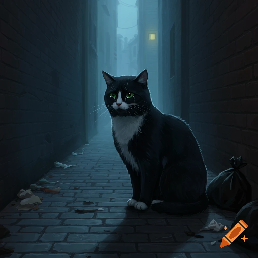 Black tuxedo cat crying in a dark alleyway.