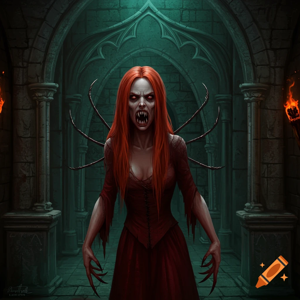 A scary red-haired creature with fangs and claws in a crypt.