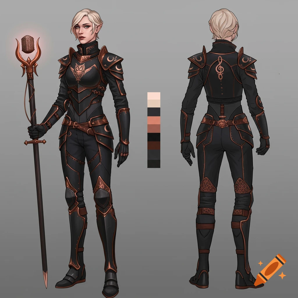 Front and back views of a female fantasy character in black and copper armor with a staff.