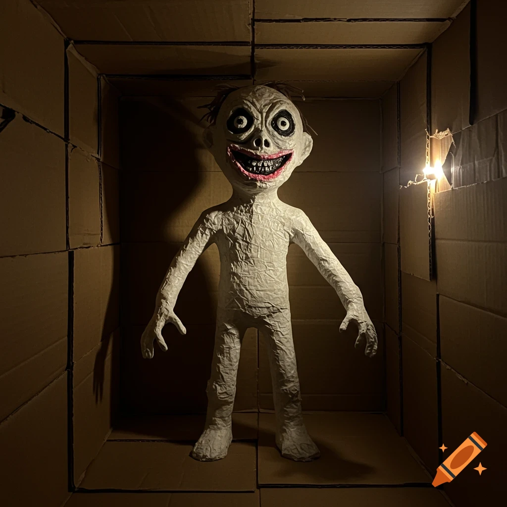 A creepy paper mache figure stands in a cardboard box under eerie lighting.