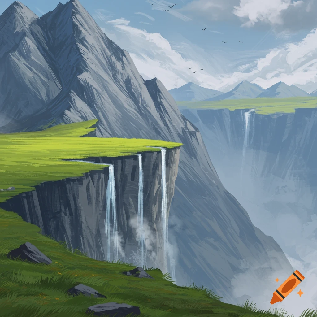 A mountain landscape featuring grassy cliffs and waterfalls cascading into a valley.