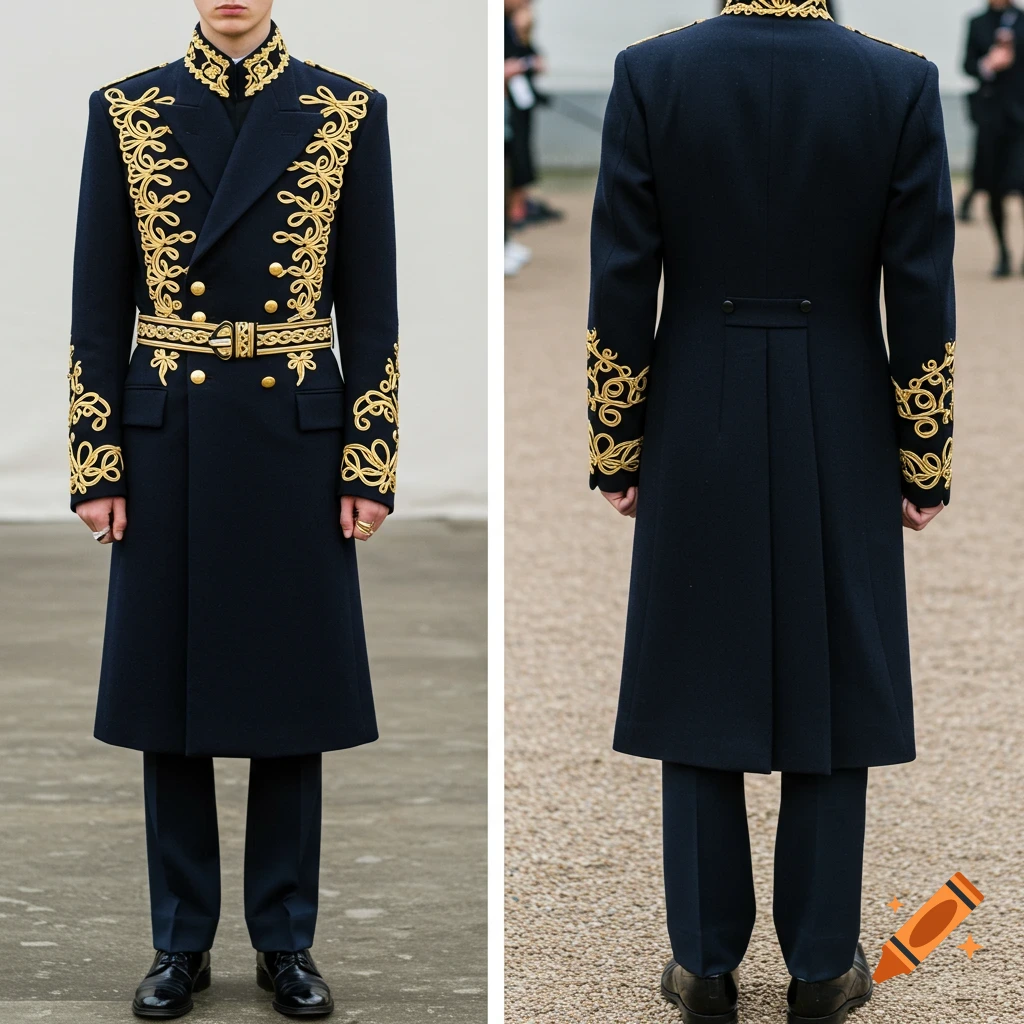 Full body front and back view of person in navy blue coat with elaborate gold braiding and belt.