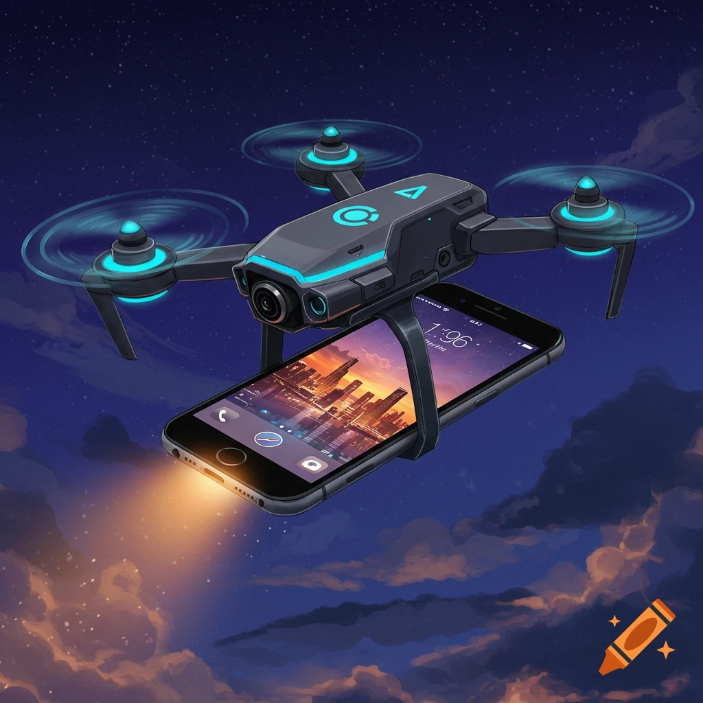 A drone flying at night, carrying a cellphone displaying a city skyline and the time.