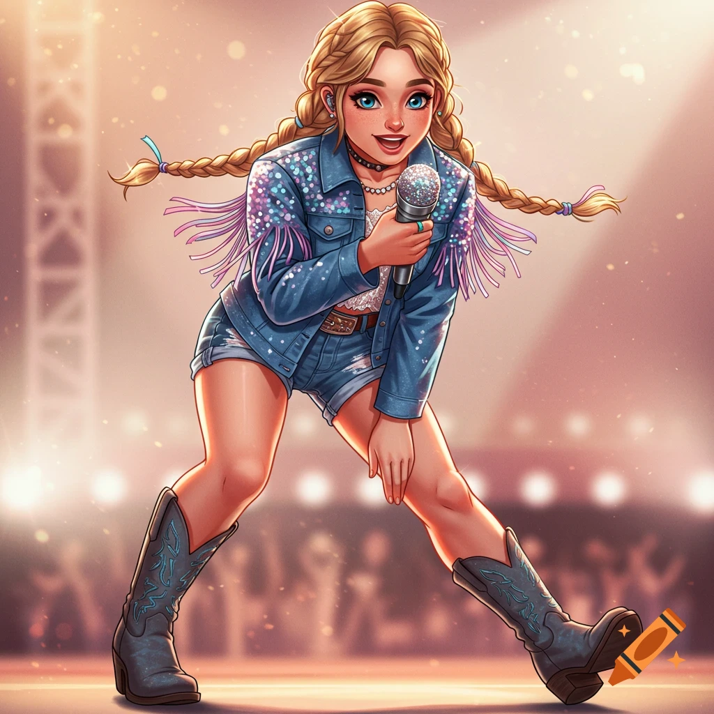 Cartoon country singer on stage with a microphone