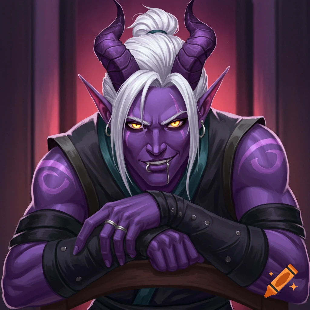 Male tiefling with purple skin, white hair, yellow eyes, horns, leaning on a chair and smirking.