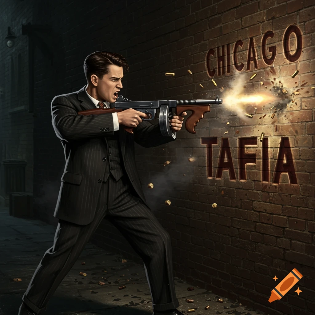 A 1920s gangster firing a Tommy gun into a brick wall in an alley, carving 'CHICAGO TAFIA'