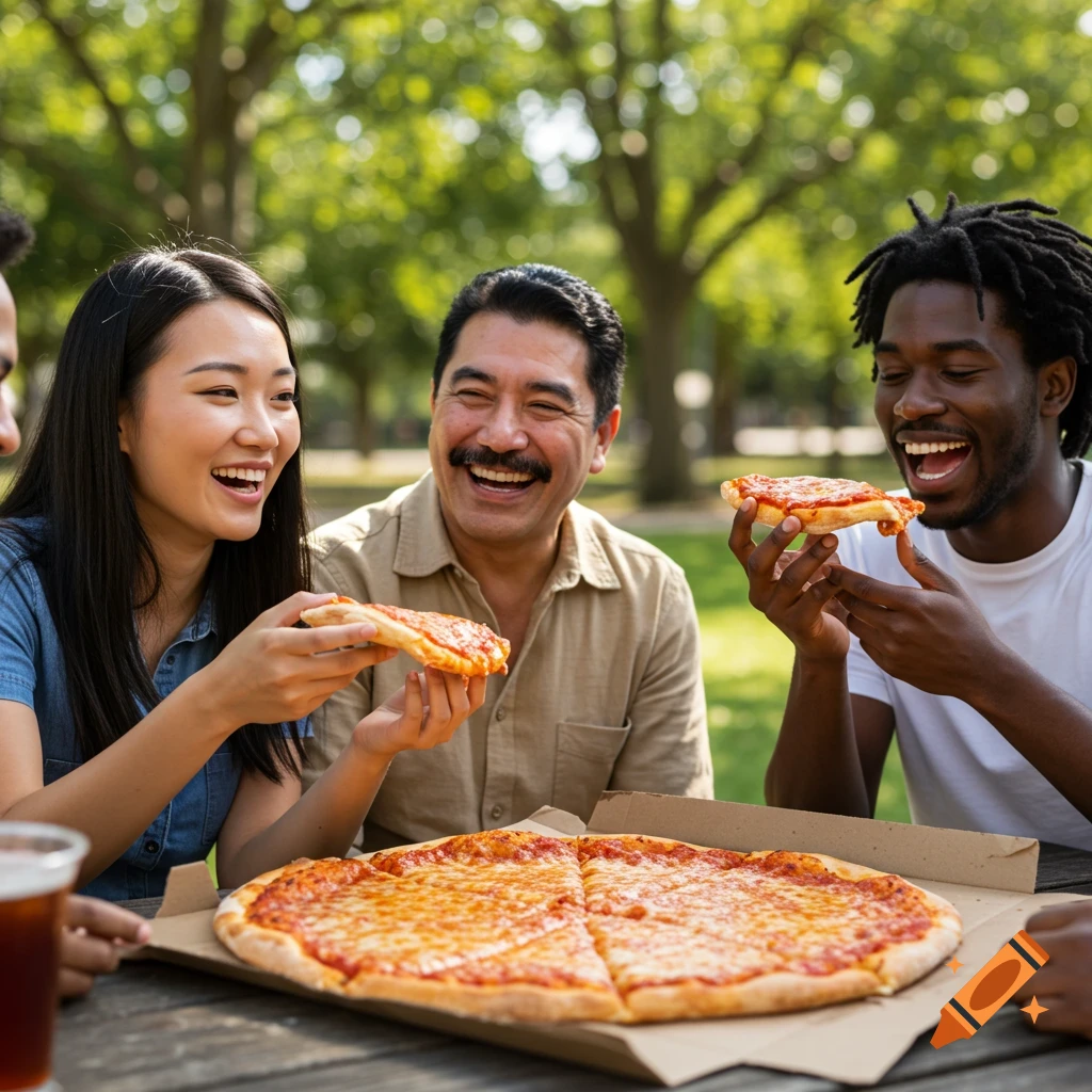 Multiracial friends eating pizza outdoors in a park