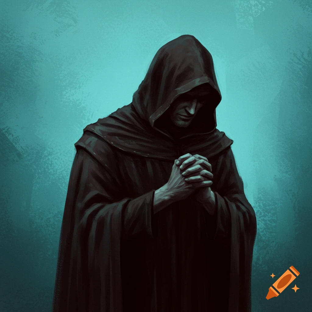 A moody image of a person in a dark cloak and hood, bowing with clasped hands against a textured blue background.