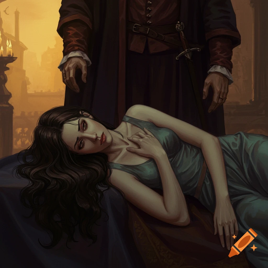 A woman lies at the feet of a man in a dramatic interior scene.