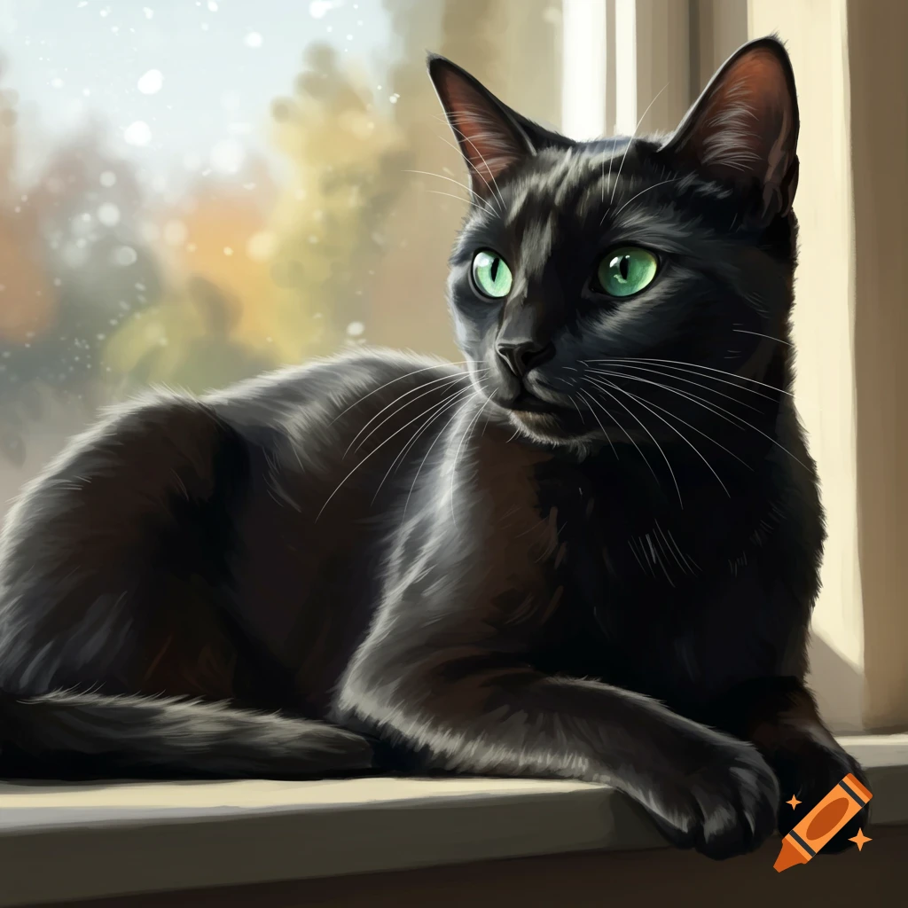 A black cat with green eyes sitting on a window sill.