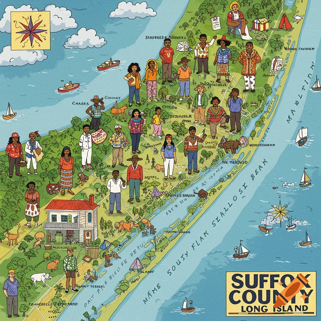 Colorful illustration of a map of Suffolk County, Long Island, featuring people and scenery.