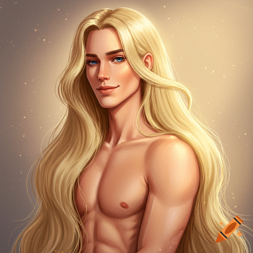 Portrait of a fantasy male with long blonde hair, blue eyes, and bare chest.