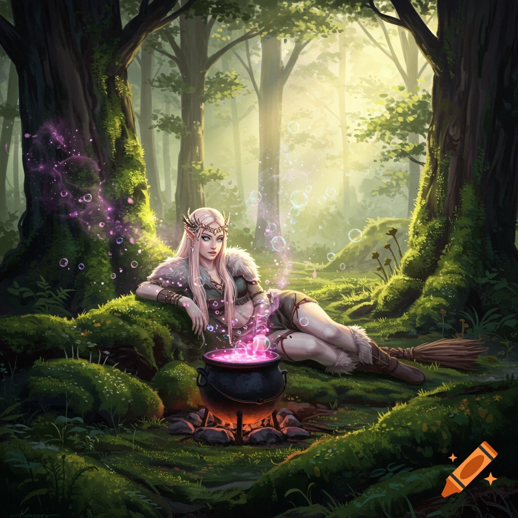 A fantasy painting of a witch resting by a bubbling cauldron in a forest clearing.