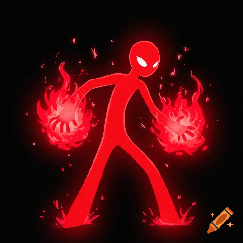 Red stick figure casting red fire magic on a black background.
