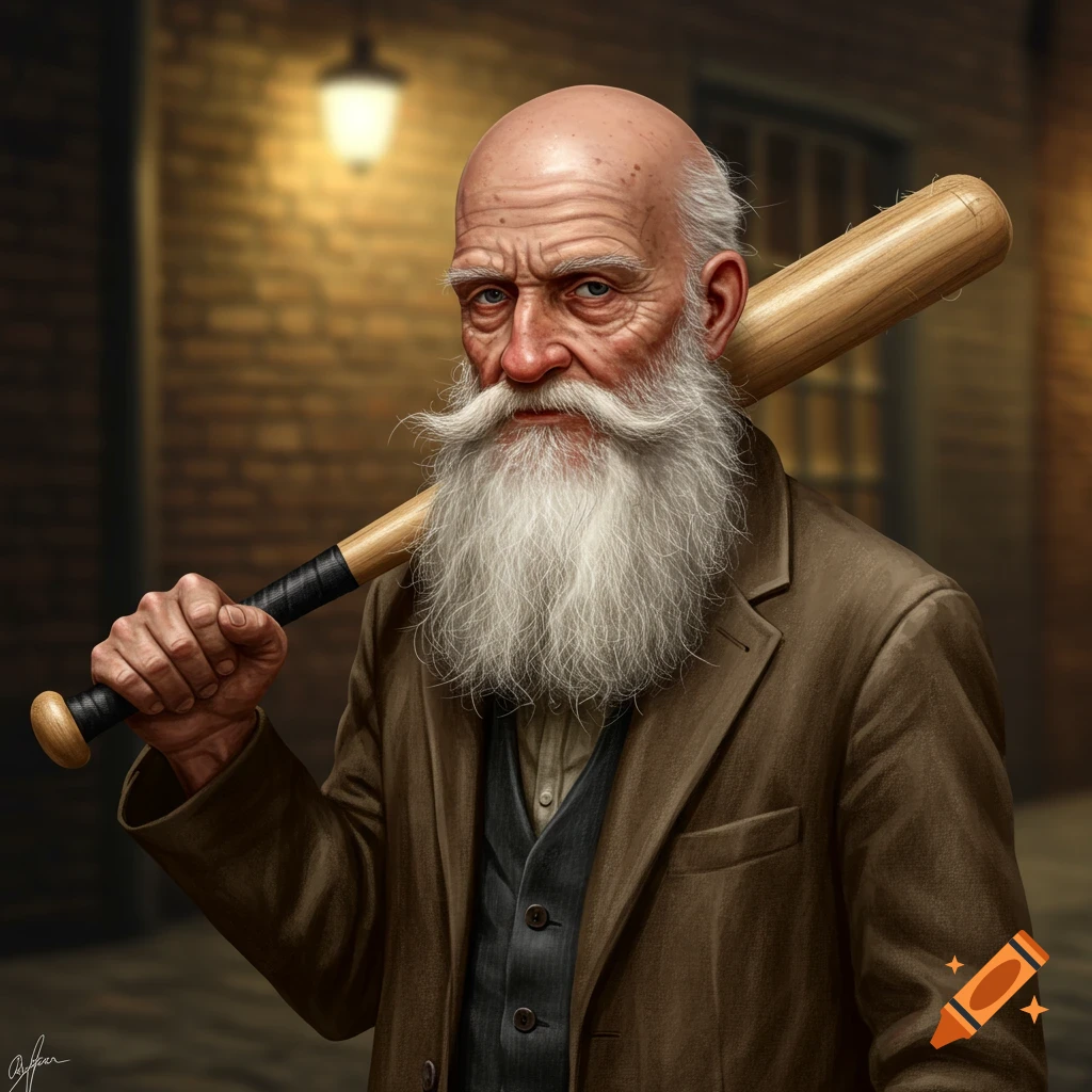 Bald old man with a long white beard holding a baseball bat over his shoulder.