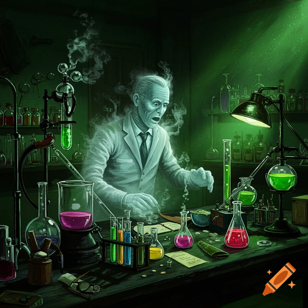 Ghostly figure of a scientist in a cluttered laboratory with beakers and green light, in a vintage horror style.