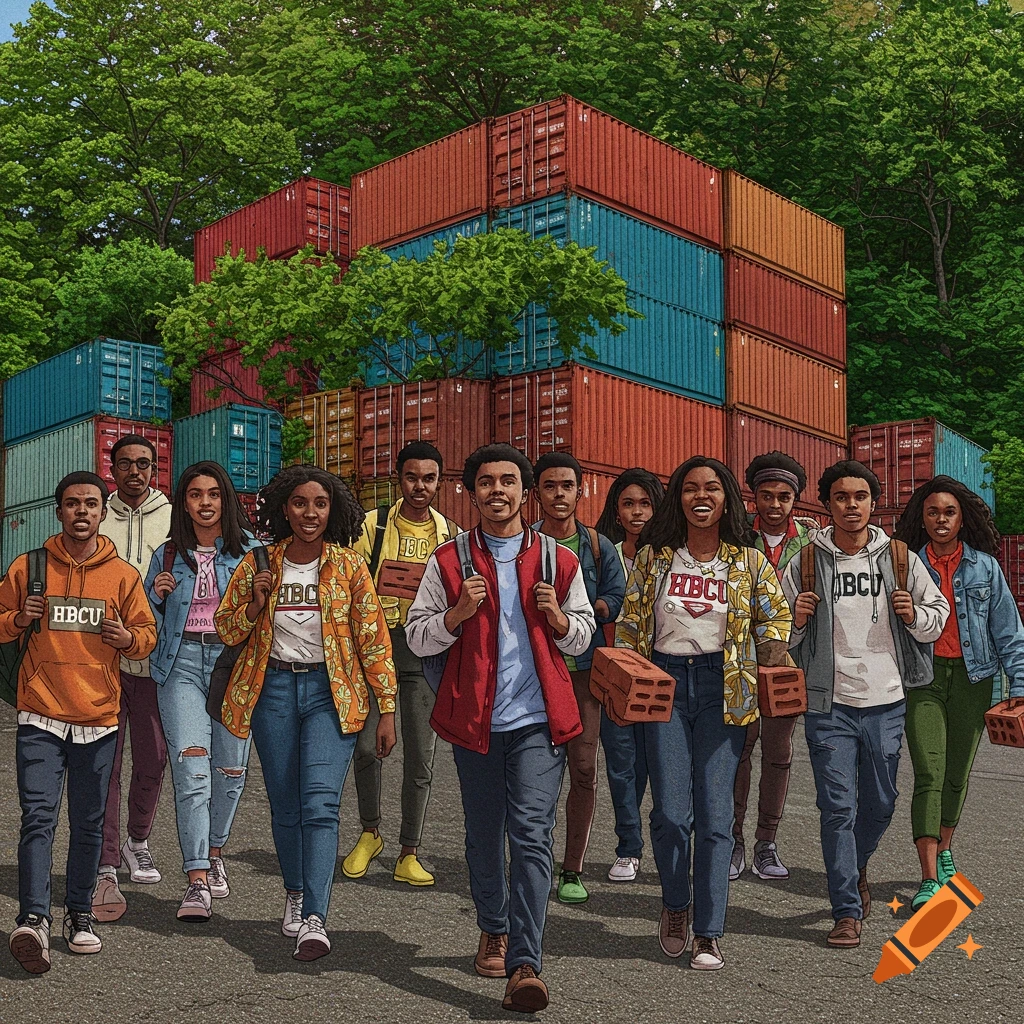 Students with backpacks and bricks are walking in front of shipping containers and trees.