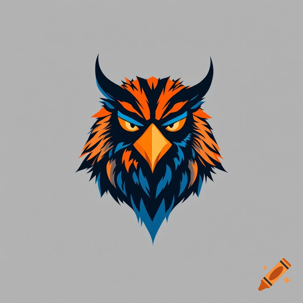 Stylized owl head logo in orange and blue on a gray background