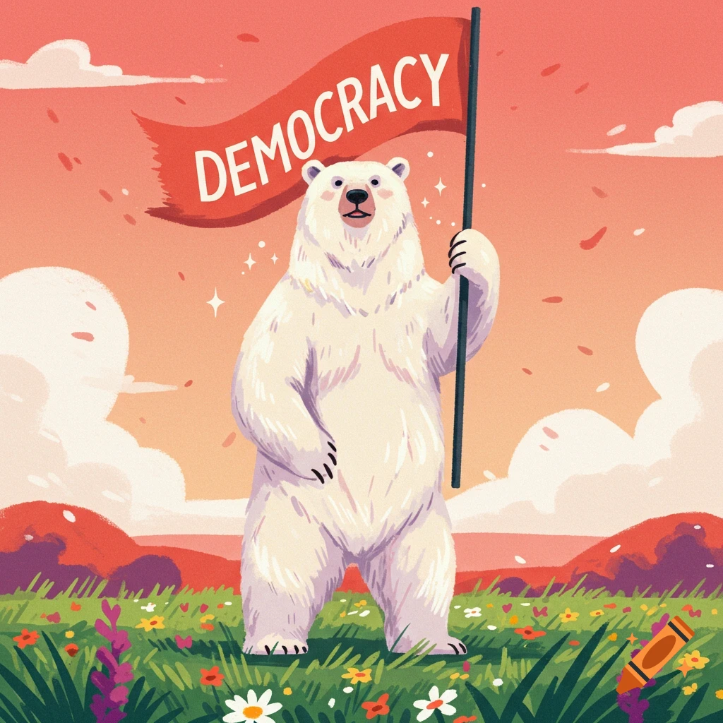 A stylized digital illustration of a white bear standing in a field of flowers, holding a red flag that says "DEMOCRACY".