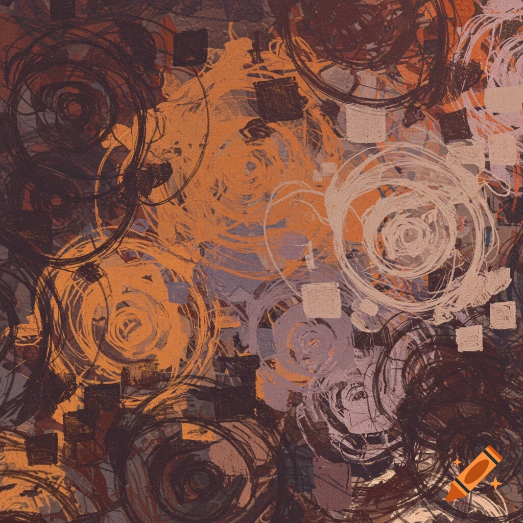 Abstract pattern of swirling shapes and squares in brown, orange, and purple tones