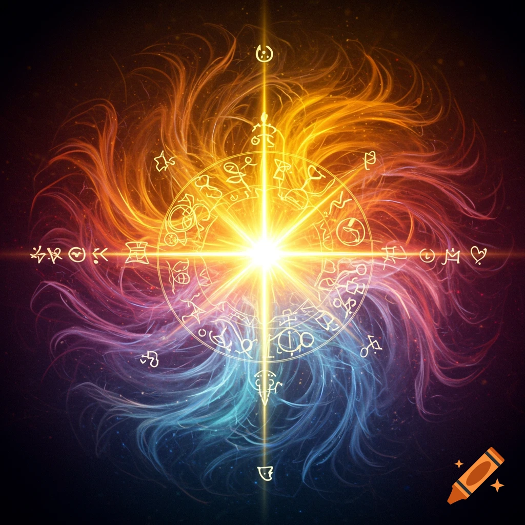 Glowing magical emblem with symbols and swirling colorful energy.