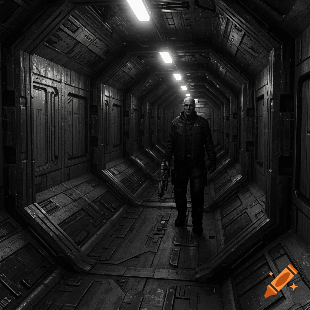 Person with weapon in dark spaceship corridor, black and white style.