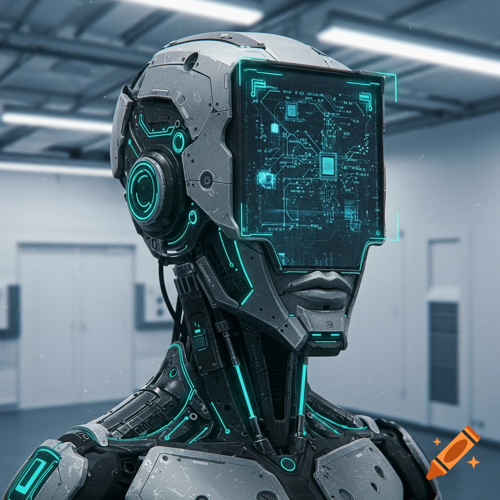 A futuristic robot head with a screen for a face showing circuitry patterns.