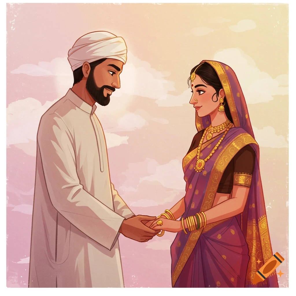 A man in a turban and kurta holds hands with a woman in a sari.