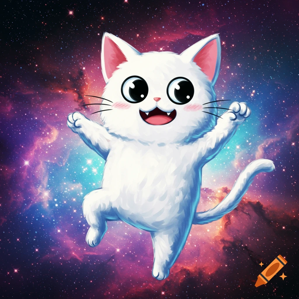 A cute white cartoon cat leaps joyfully against a vibrant, starry galaxy background.