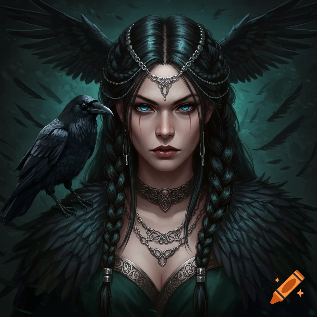 Dark fantasy warrior goddess with a raven perched on her shoulder.