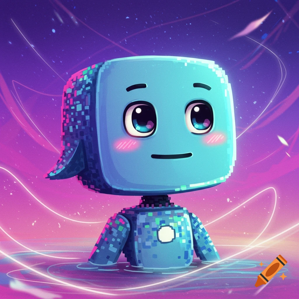 A cute, pixelated blue robot character with big eyes, surrounded by glowing light effects in a vibrant purple and pink digital landscape.